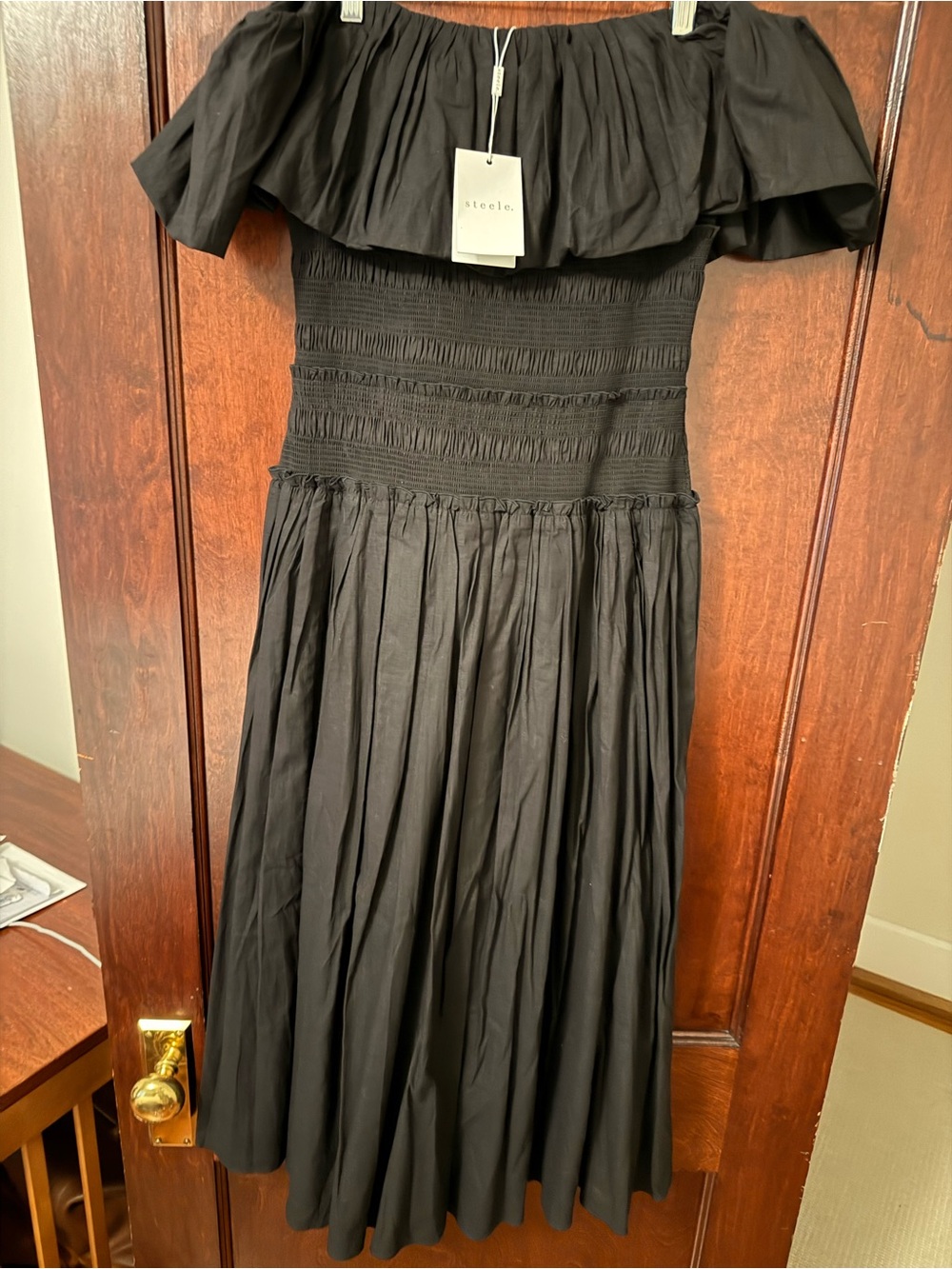 Steele Black Off-the-Shoulder Smocked Midi Dress Size Medium